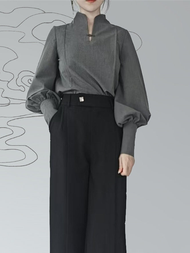 Chinese Collar Balloon Style Design Button - Frog Gray Mandarin Sleeves Blouse