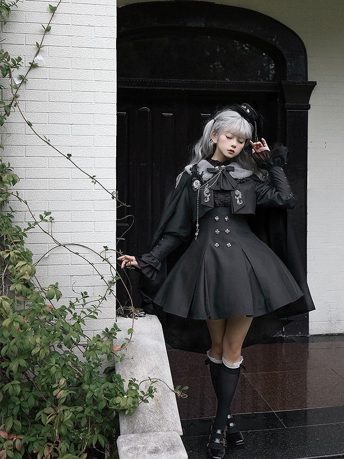 Chest Chain+Tie Back Set Badge Black Patch Gothic Lolita Full Hanging Dress+Blouse+Cape+Coat+Shoulder