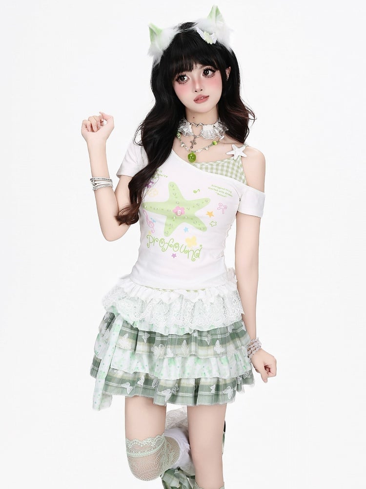 Green Starfish Print Off-Shoulder Tee with Lace Hem - CRAZY GIRL