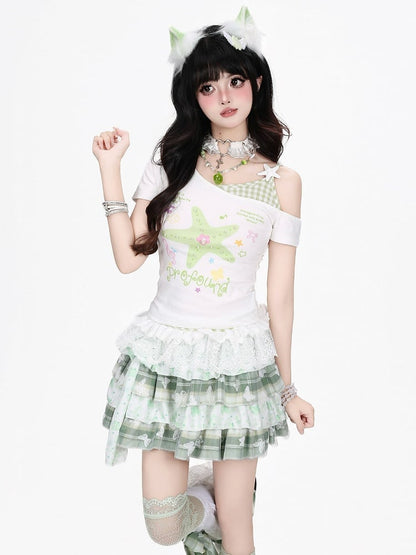 Green Starfish Print Off-Shoulder Tee with Lace Hem - CRAZY GIRL