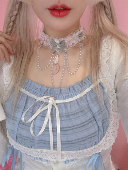 Choker mit Perlenkette, Spitzenrüschenbesatz und Schleifendetails