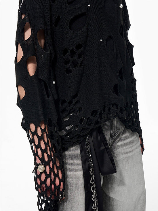 Hoodie Men's Knit Hollow-out Bead with Black Embellishments