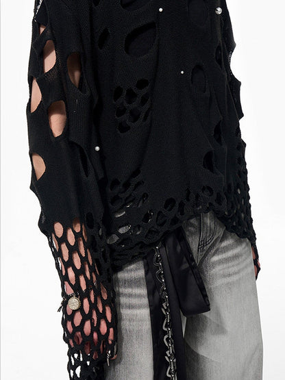 Hoodie Men's Knit Hollow-out Bead with Black Embellishments