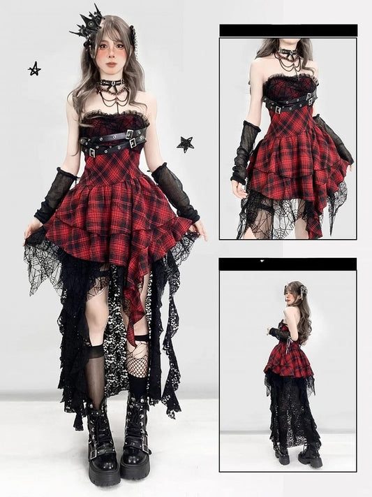 Rot kariertes Taschentuch-Saum-Schnallenträger-Trägerloses glamouröses Punk-Kleid