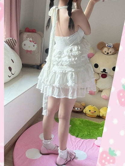 with Mini Innocent Halter Empire Trim Soft Dress White Waist Lace Tiered