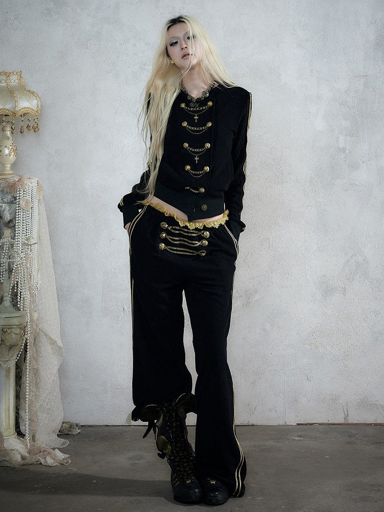 Black & Gold Double-Breasted Straight Leg Sweatpants with Lace Trim, Punk Style - NO ROMANCE