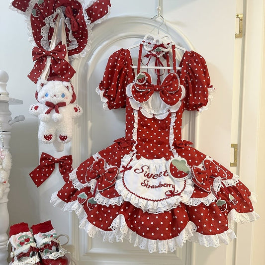 Lace Bow Dress Red Retro Details Dot Themed with Polka OP and Strawberry Lolita