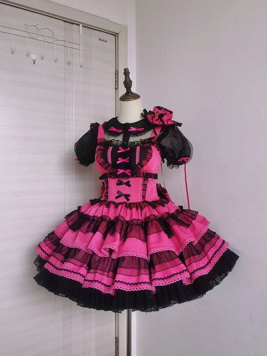 Accents Lolita Dress Sweet Hot Bow Ruffles Pink Layered with Black Heart Front