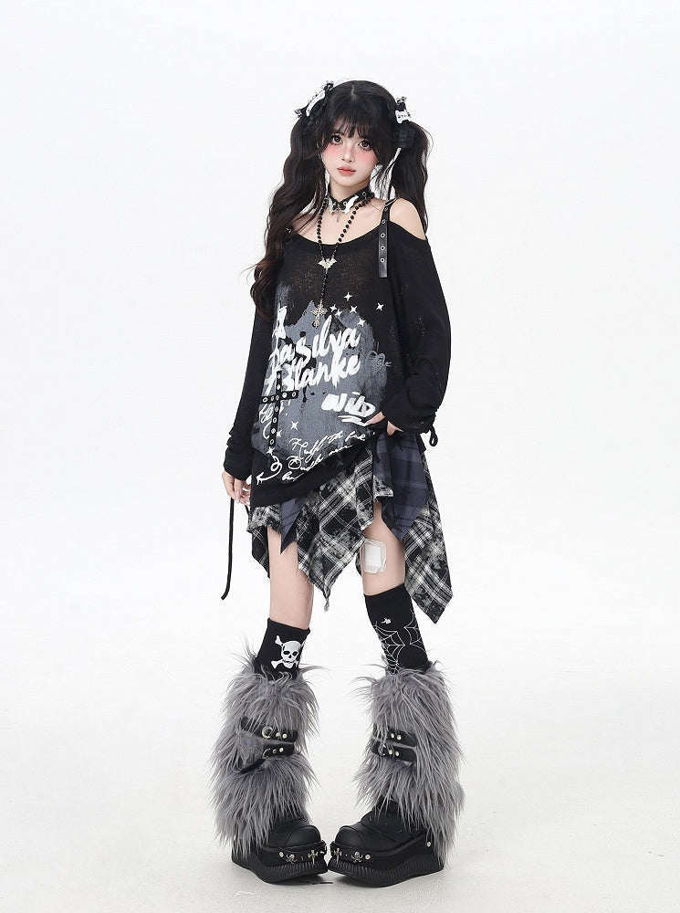 Gray/Black Asymmetrical Neckline Graffiti Print Star Light Buckles Coverup