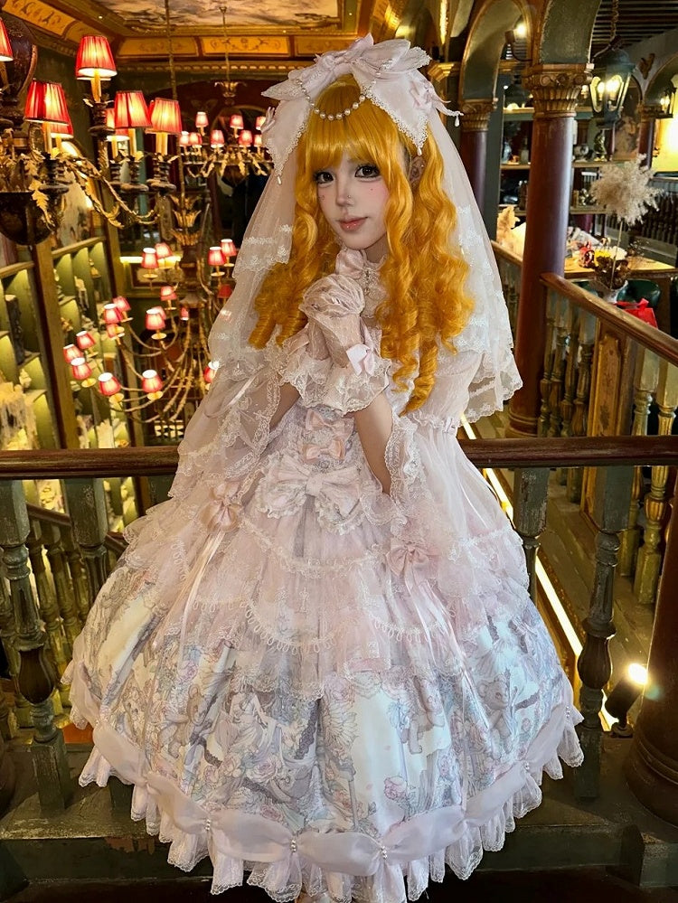 with Dress Hem Sleeves Bell Bear Lolita Angel Ribbon Pink Print Sweet