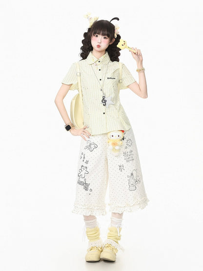 Yellow Plaid Short-Sleeve Shirt with Star Print and Necklace - Languid Park