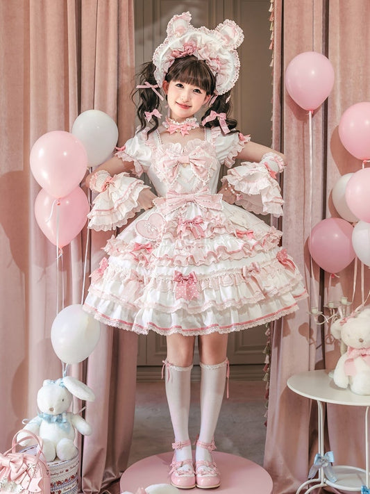 Rüschen Einteiler Rosa Weiß Süßes Prinzessinnen- und Schleifenkleid Thema Lolita Bunny Akzente