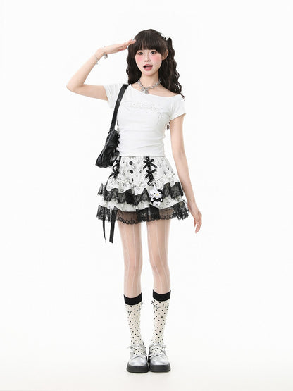 One-Shoulder Lace-Up Short Sleeve T-Shirt with Rhinestone Letter Embellishment Blue/White/Black