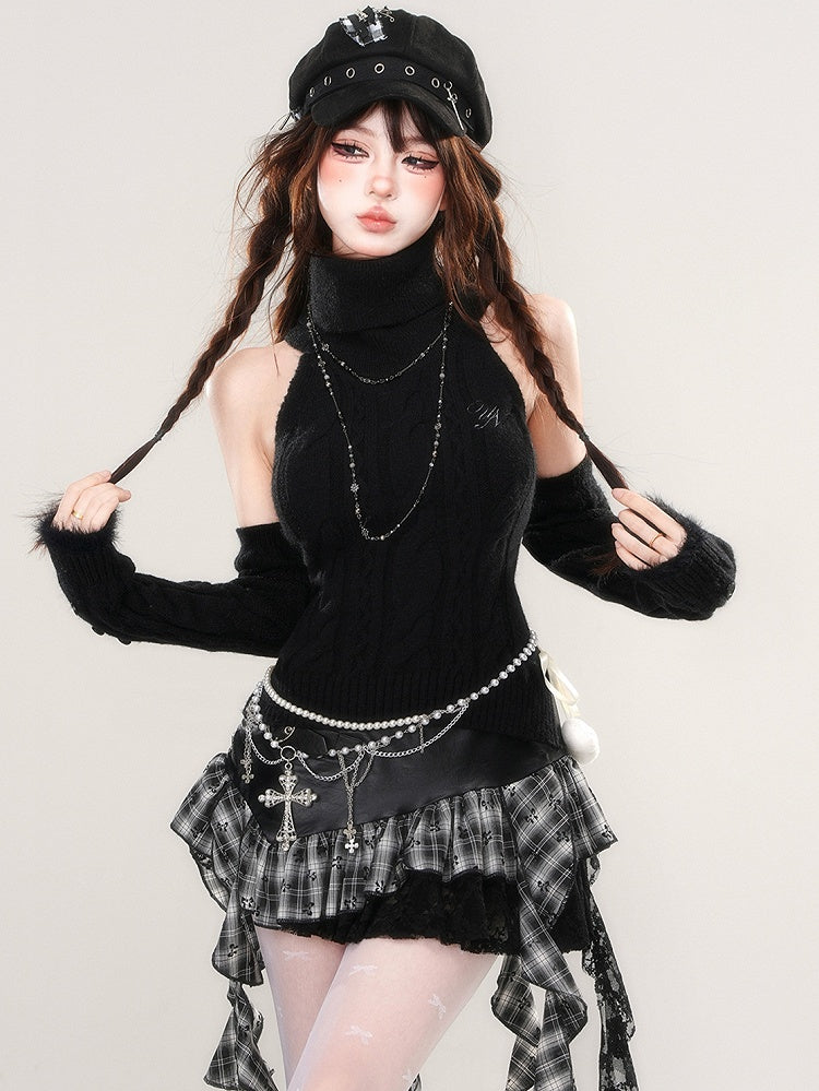 Black Turtle Neck Sleeveless Slim-fit Sweater with Detachable Sleeves