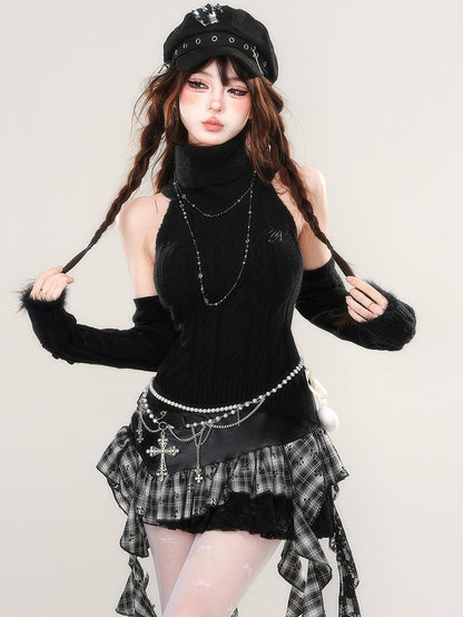 Black Turtle Neck Sleeveless Slim-fit Sweater with Detachable Sleeves