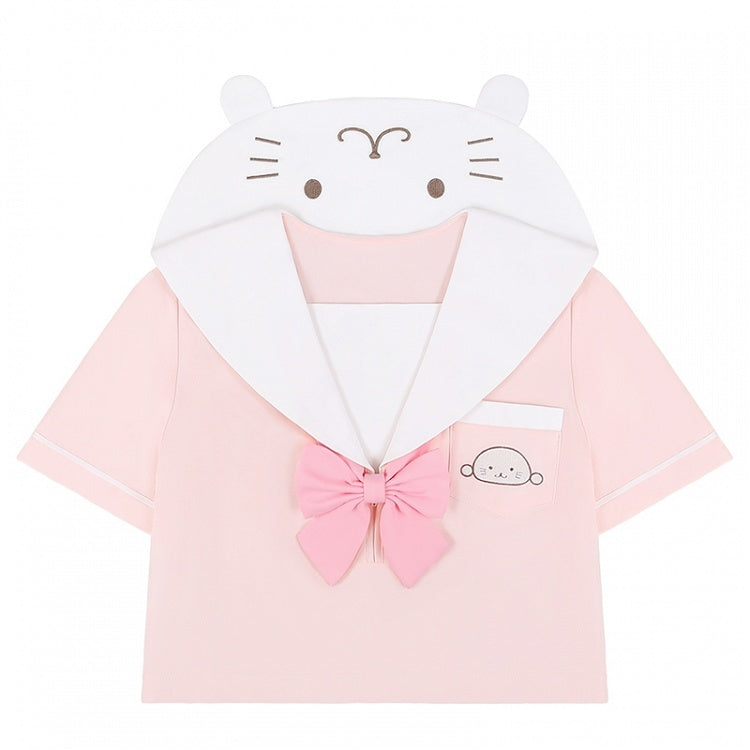 Little Seal Pink Sailor Collar JK Uniform Top with Free Bow Tie