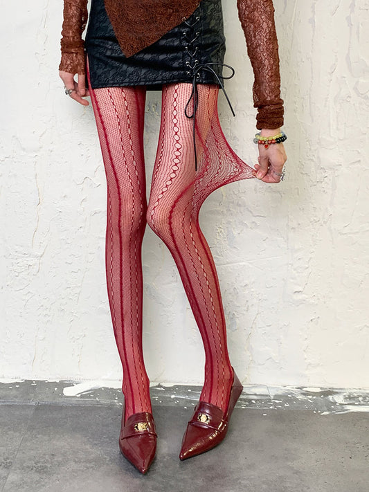 ワインレッド Y2K 中空シアータイツ