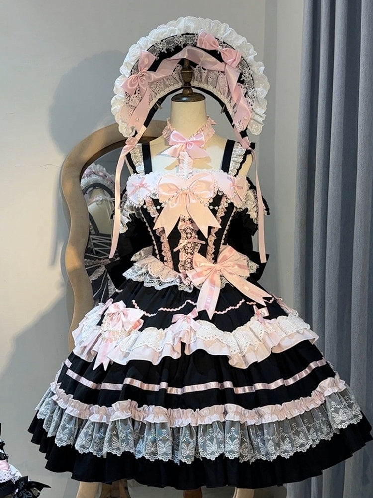 Pink Old Waist Bow Lolita Accents School and Sweet Boned Dress Black
