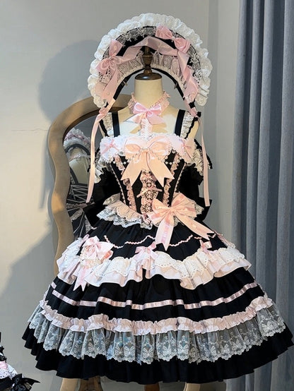 Pink Old Waist Bow Lolita Accents School and Sweet Boned Dress Black