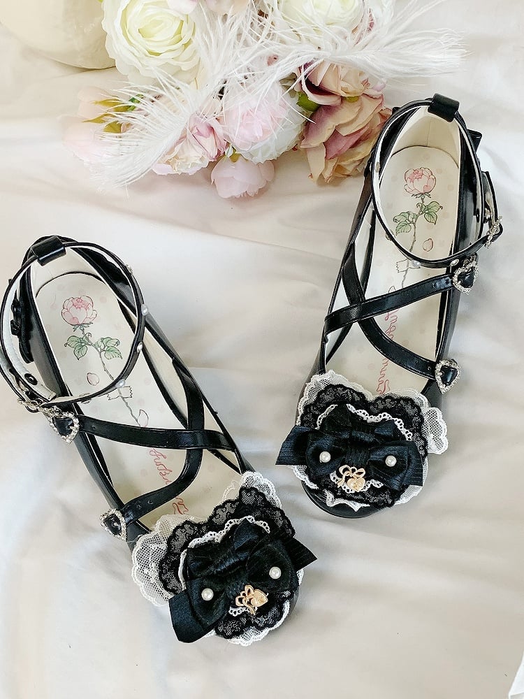 Black Lolita High Bowknot with Sweet Block PU Details Heels