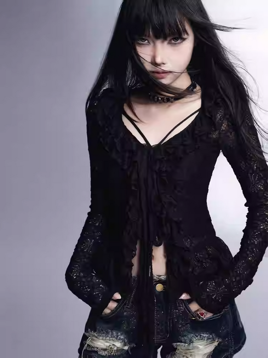 カーディガン、トップ付き、フリルトリム、レースニットセット、Vネック、キャミソール、ブラック、ホローアウト