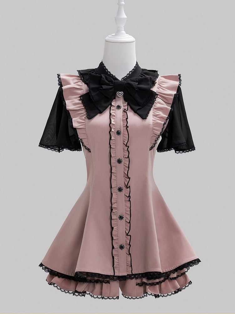 Chiffon Ruffle Dress with Lace Trim and Bow Set - Fluffy Heart