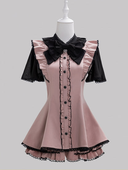 Chiffon Ruffle Dress with Lace Trim and Bow Set - Fluffy Heart