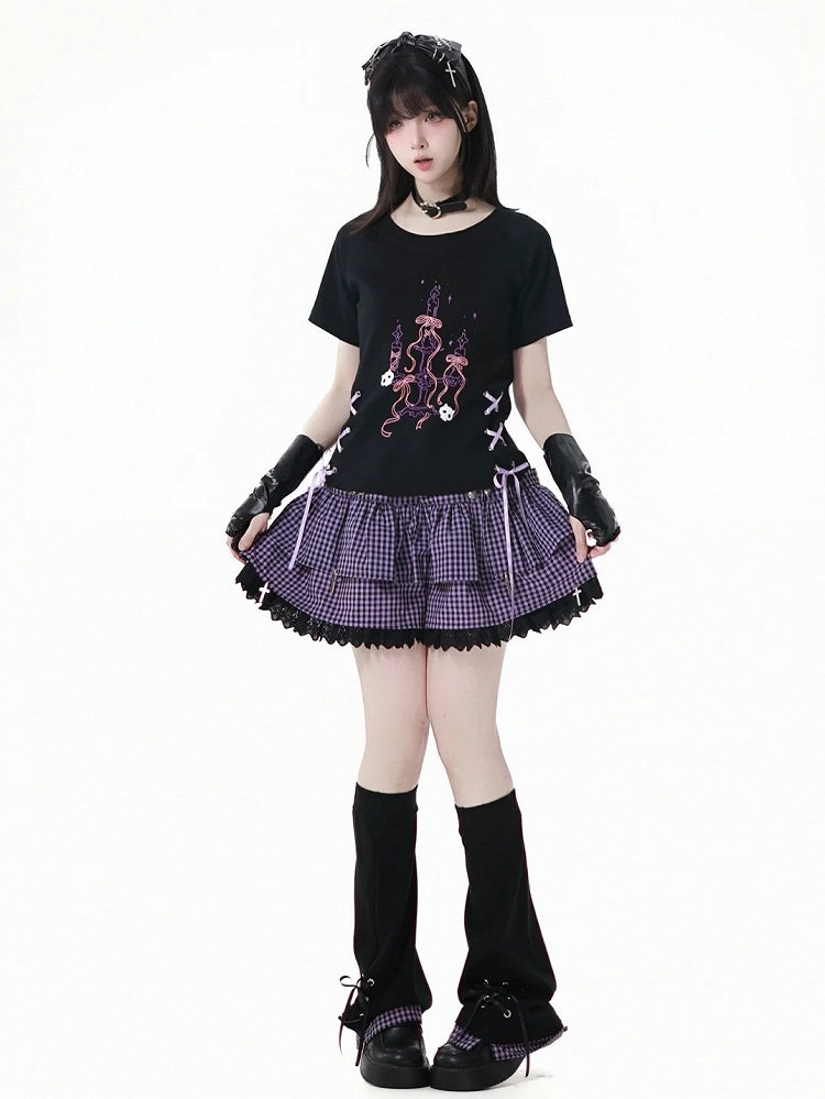 レッグウォーマー パープルチェック柄裾 ブラックレースアップディテール