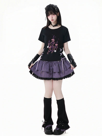 レッグウォーマー パープルチェック柄裾 ブラックレースアップディテール