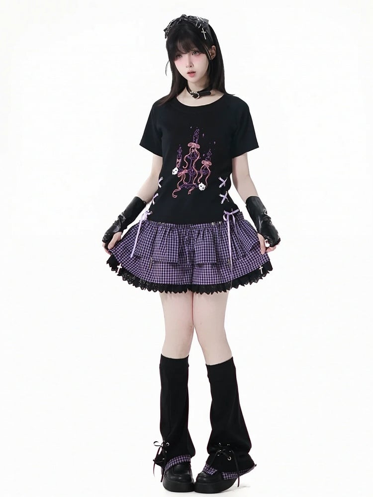 T-Shirt Schwarz Rundhals Schnürung Taille Grafik