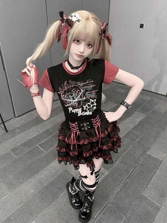 Black & Red Strawberry Chain Print Fitted Short Sleeve T-Shirt - Puppet Bombs