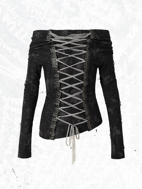 Print Reversible Punk Off-Shoulder and Front Top Distressed Black with Detail Lace-Up