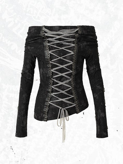 Print Reversible Punk Off-Shoulder and Front Top Distressed Black with Detail Lace-Up