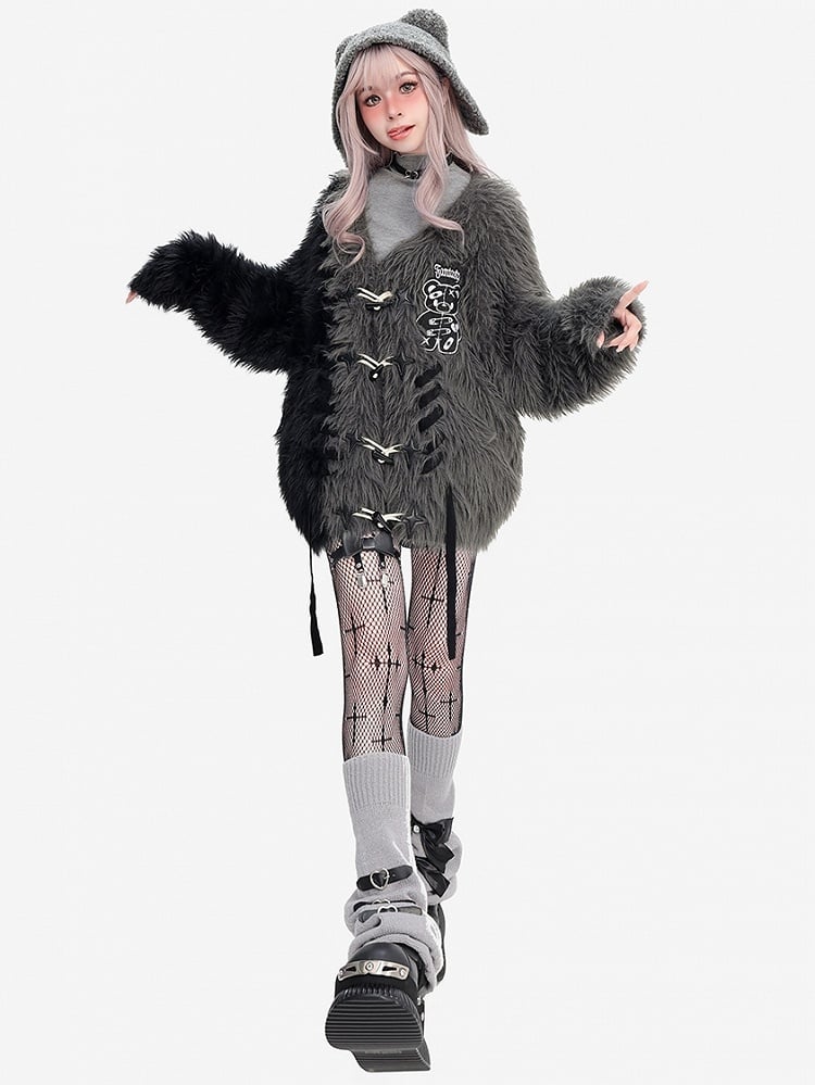 ブラック＆グレーのカラーブロックパンクベアアップリケルーズカーディガン