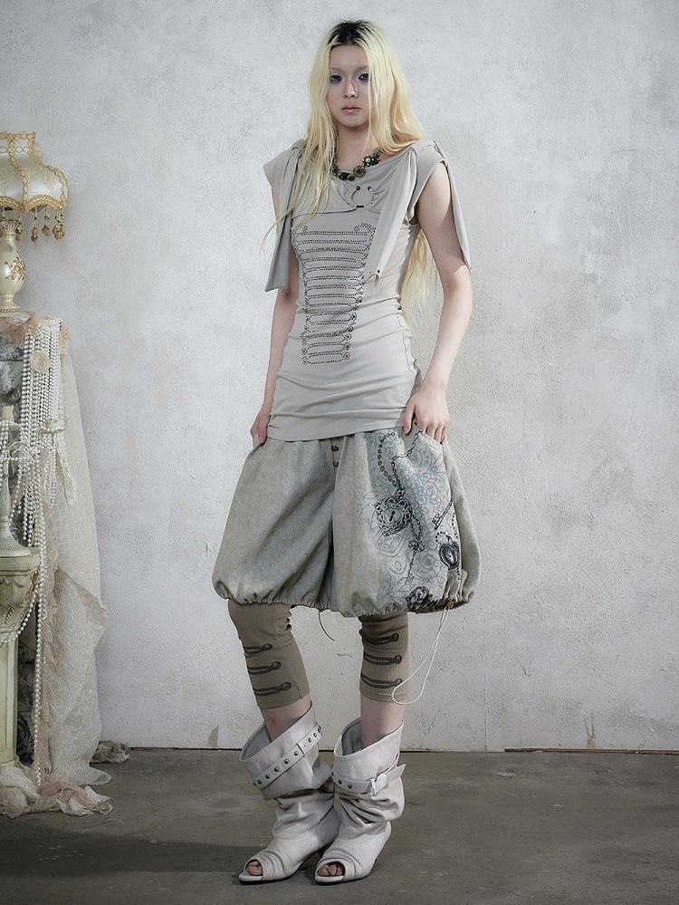 Beige-Grey Knit Short-Sleeve Top with Rhinestone Design - NO ROMANCE