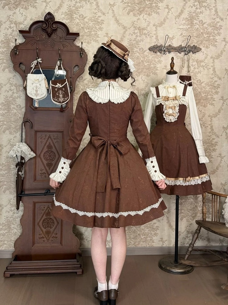 Brown Lace OP Dress with Detachable Bow - iris de nuit