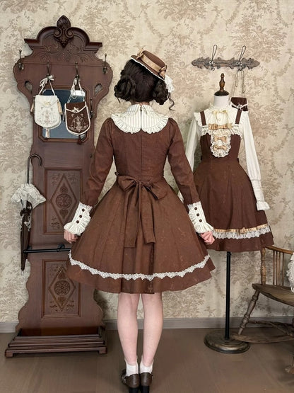 Brown Lace OP Dress with Detachable Bow - iris de nuit