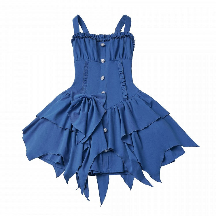Blue Asymmetric Cami Dress with Ruffle & Bow - PINK SAVIOR
