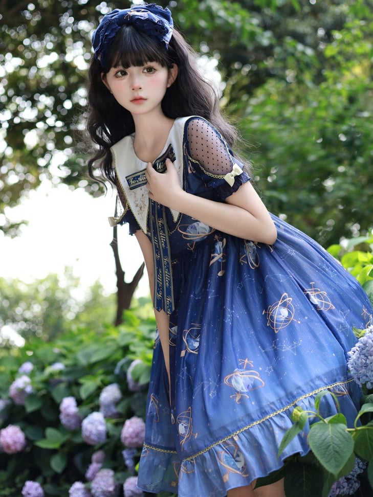 Navy Blue Celestial Globe & Starry Bow Accents Flounce Hem Lolita Dress