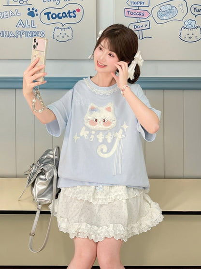 ロング/ショート ラウンドネック プラッシュバージョン ブルー Tシャツ 猫アップリケ