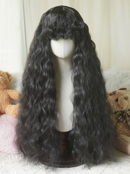 Schwarz/Karamell/Blond/Hellblond, hüftlange, gewellte Perücke mit lockigem Pony