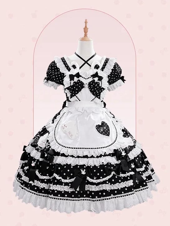 Süße herzförmige schwarze Lolita-Schleifen-Schürze, blau-rotes Mieder/rosa verziert