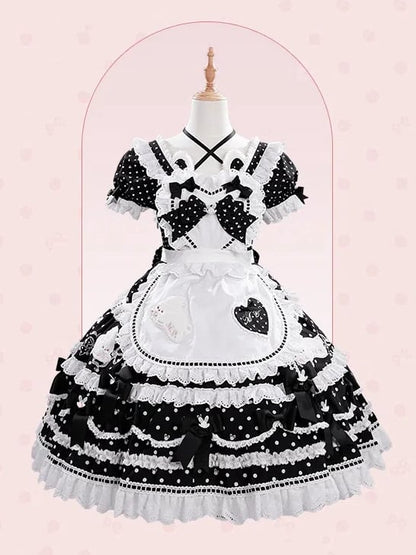 Süße herzförmige schwarze Lolita-Schleifen-Schürze, blau-rotes Mieder/rosa verziert