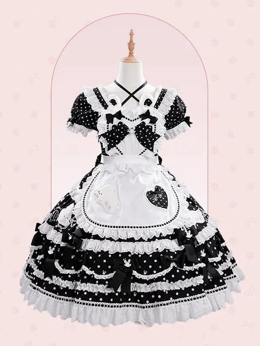 Süße herzförmige schwarze Lolita-Schleifen-Schürze, blau-rotes Mieder/rosa verziert