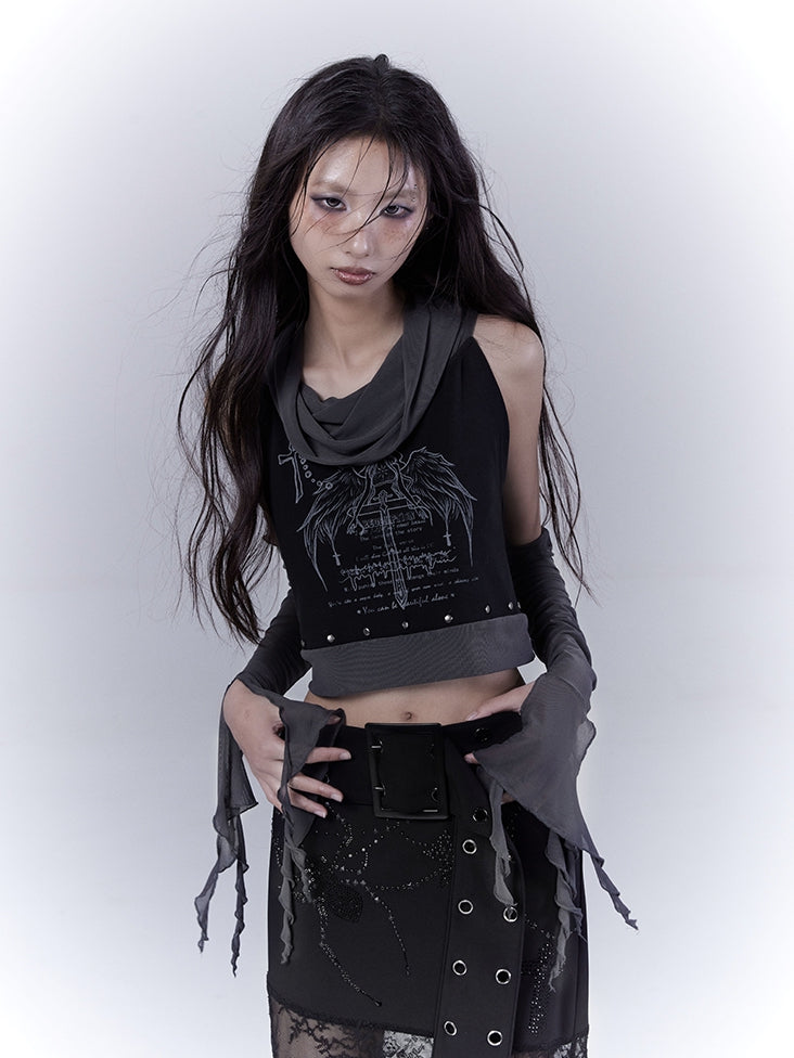 Ärmelloses Top Armwear Print Punk Nieten Schwarz Kreuz Flügel mit Gratis