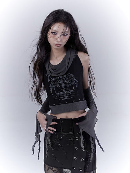 Ärmelloses Top Armwear Print Punk Nieten Schwarz Kreuz Flügel mit Gratis