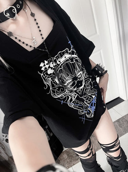 Lace-Up Sleeve Square Neck Black PrintBack Topwith Gothic Short Anime