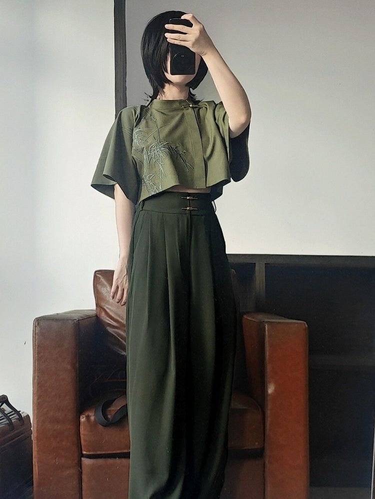 Green Bamboo Embroidered Short Sleeve Top - Feng Hua Gui Guo Ling