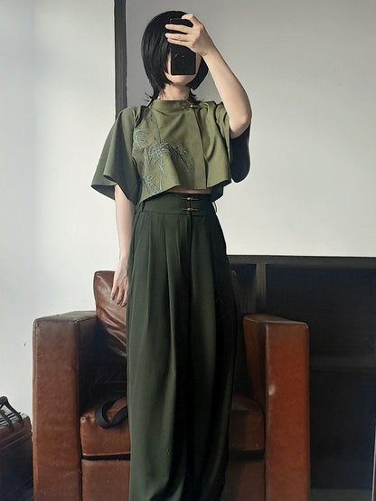 Green Bamboo Embroidered Short Sleeve Top - Feng Hua Gui Guo Ling