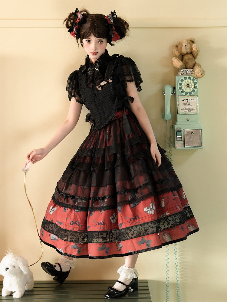 Black and Red Elastic Waist Puppy and Retro Telephone Sweet Lolita Skirt